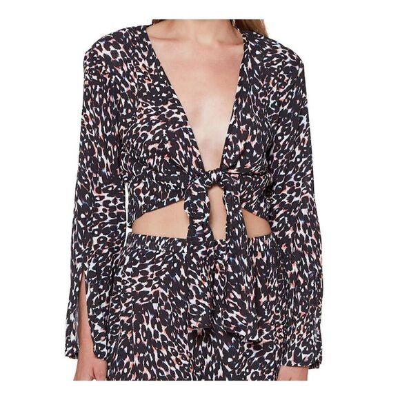 Sanctuary Women's Sz Medium Multi Leopard Print Knot Tie Front L/S Crop Top $75 - Picture 9 of 10